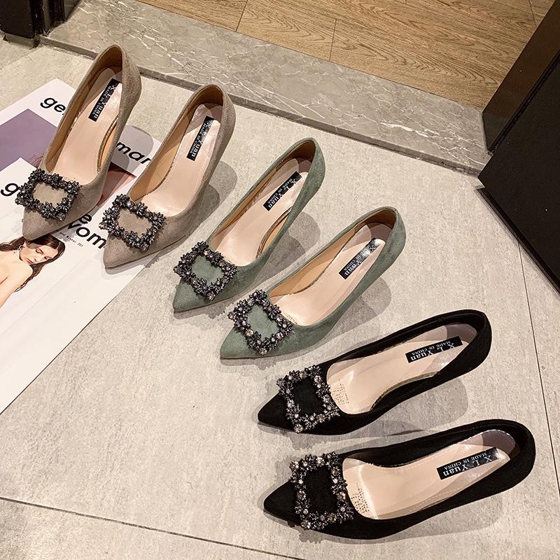 Rhinestone High Heels Women's New Professional Thin Heel Temperament Pointed Women's Shoes Metal Square Buckle Single Shoes