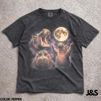 T-shirt Grafica Hippo Moon Vintage Anni '90, Regalo Ippopotamo Buffo Retrò, Maglietta Ippopotami Affamati Luna Piena, Arte Estetico Galassia Natura Africana