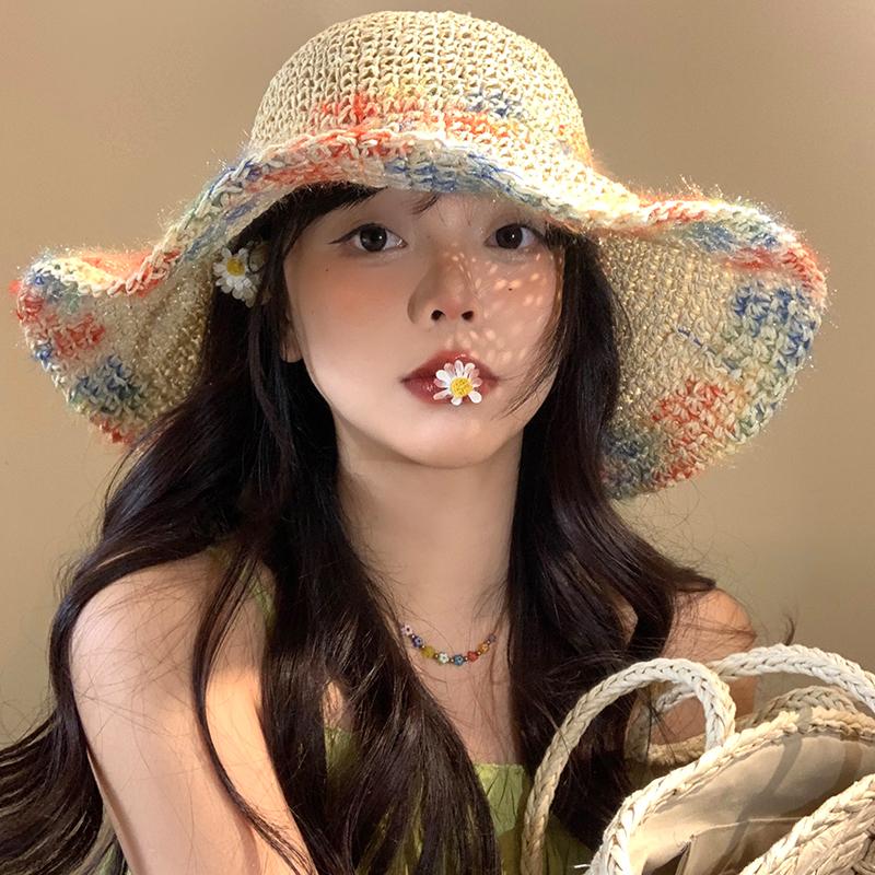 Hand-woven straw hat, color mixed thread, big brim, fashion sunscreen, straw hat, children's vacation style sun hat, summer