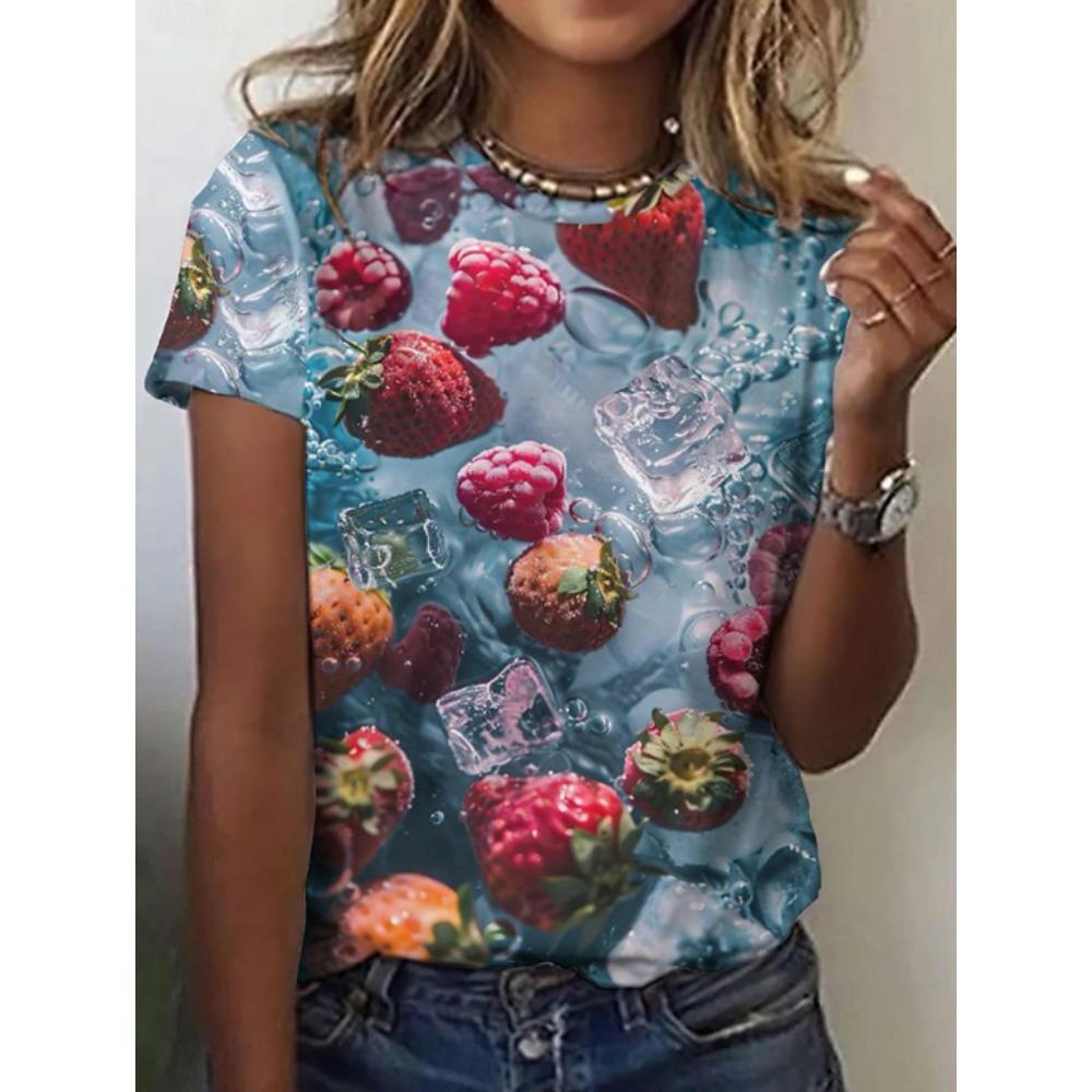 Fashion Women Retro Creative Strawberry Blueberries Print T Shirt Funny Casual O-neck Short Sleeves T-shirt Summer Female Tee Shirt