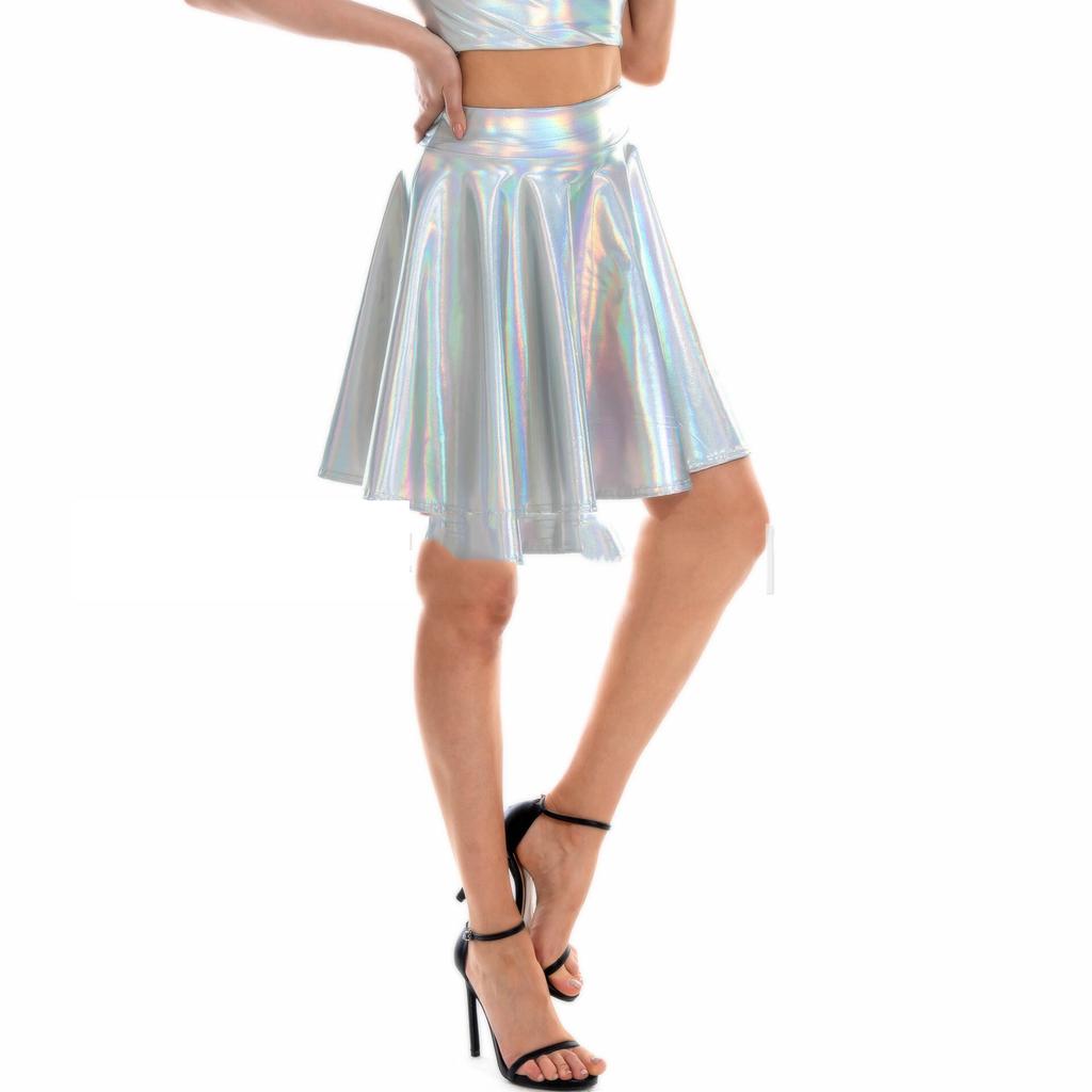 Lato Sexy Laserowe Wysokiej Talii Mini PU Skórzana Spódnica Klub Party Taniec Błyszczące Holograficzne Spódnice Harajuku JK Metalowe Plisowane Spódnice