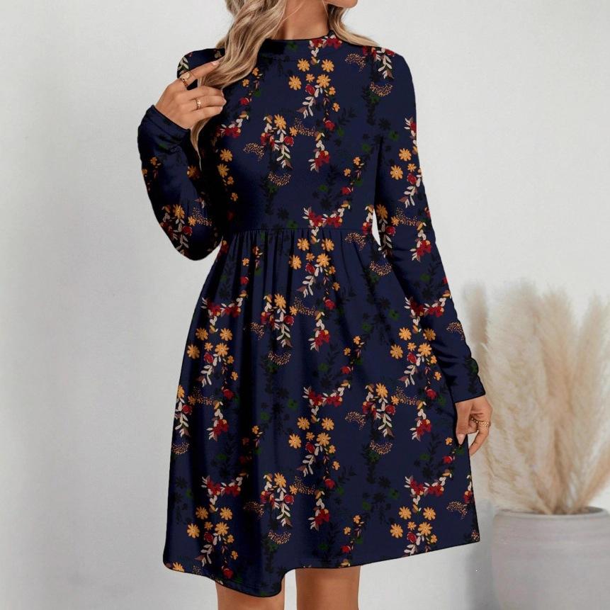 Autumn and winter new casual fashion floral printing long-sleeved stand-up collar dress women's clothing