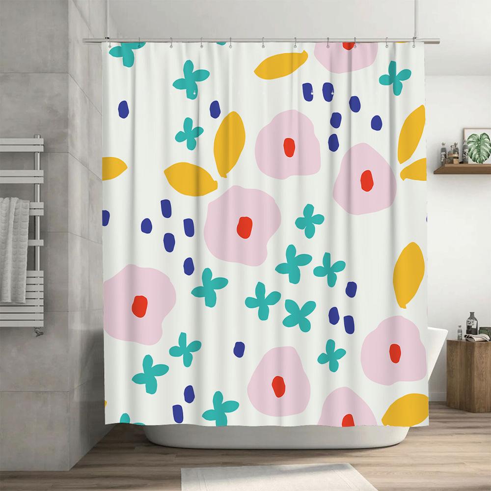 Colorful Fluffy Shower Curtain with Lemon Leaves Flowers Waterproof Decor for Bathrooms (White Background)