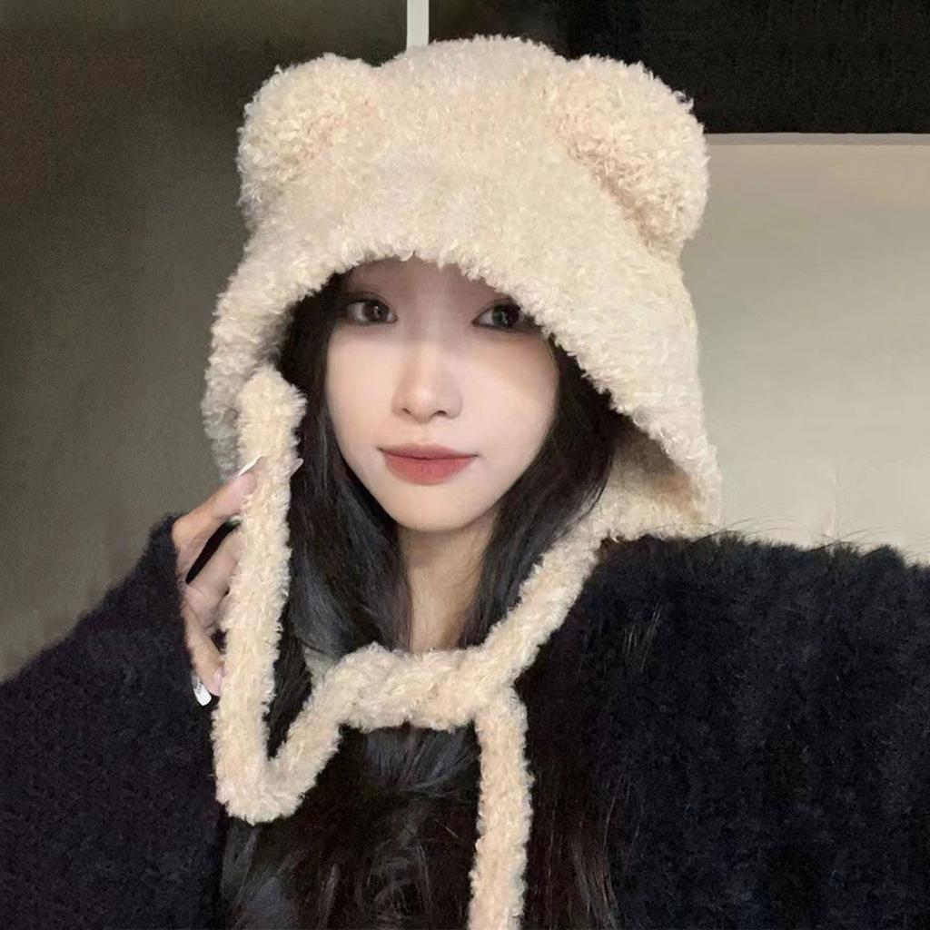 Bear Ear Beanie Cap Knit Ear Muff Hat for Girls Y2K Women Windproof Ear Flap Skull Hat for Outdoor Activity Casual Hat