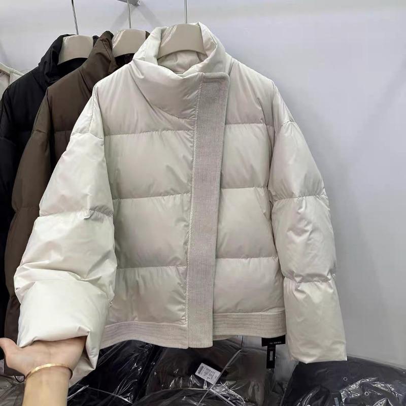 Down Jacket Women, Winter Woolen Splicing Diagonal Zipper White Duck Down Medium and Long Bread Jacket