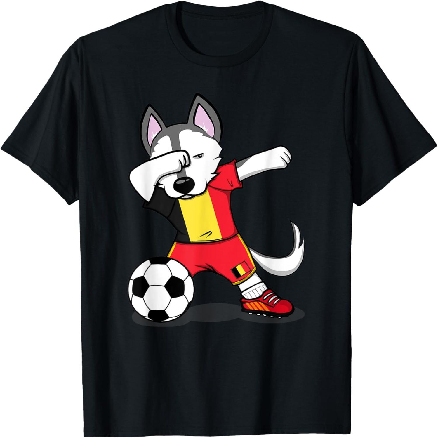 Dabbing Husky Dog Belgium Football Belgian Flag Soccer Lover T-Shirt S