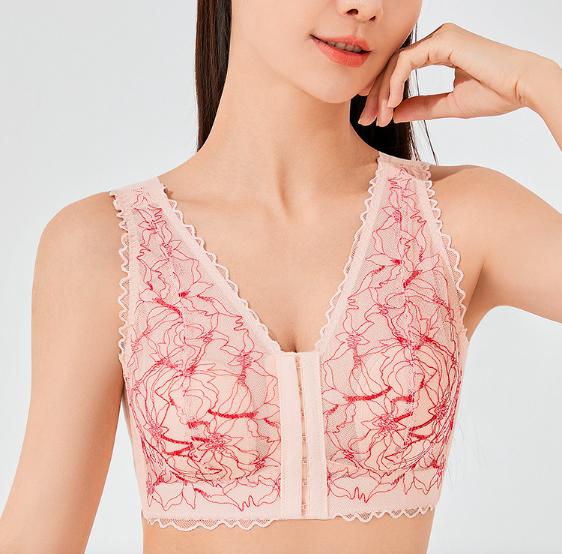 

Женский тонкий бюстгальтер с закрытием спереди, большой размер, беспроводной бюстгальтер, красивое кружевное нижнее белье сзади, собранный бюстгальтер без косточек пуш-ап 75CD розовый