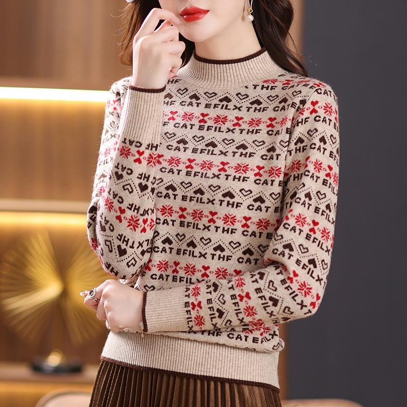 Women's Sweater Autumn and Winter Jacquard Casual Pullover Long-sleeved Loose Half Turtleneck Knitted Sweater