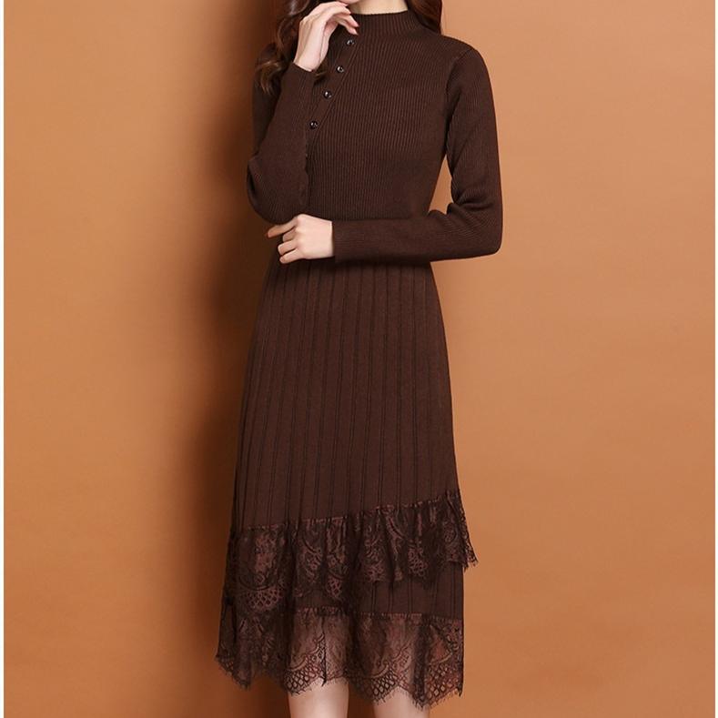 Knitted Dress for Women In Autumn and Winter Lace Long Sweater Slimming Solid Color Sweater Dress