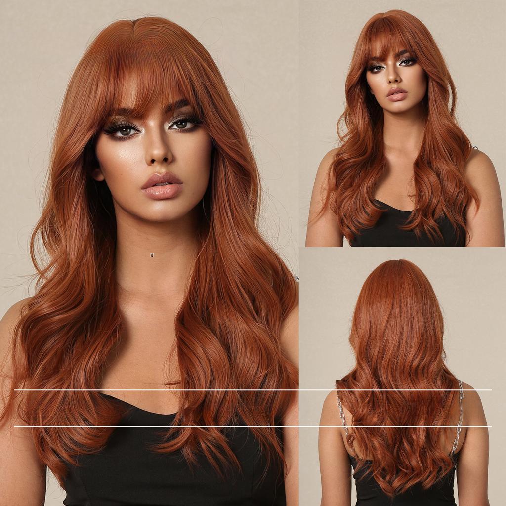 Wig Female Long Hair Orange Red Long Curly Hair Big Waves, Natural Simulation Girl Group Temperament Color Fashionable White Full Hood
