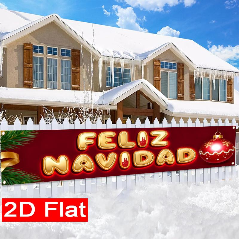 Spanish Christmas Banner, Red & Golden Spanish Lettering Design, Durable Polyester Outdoor Porch Fence Garden Party No Electricity Decoration