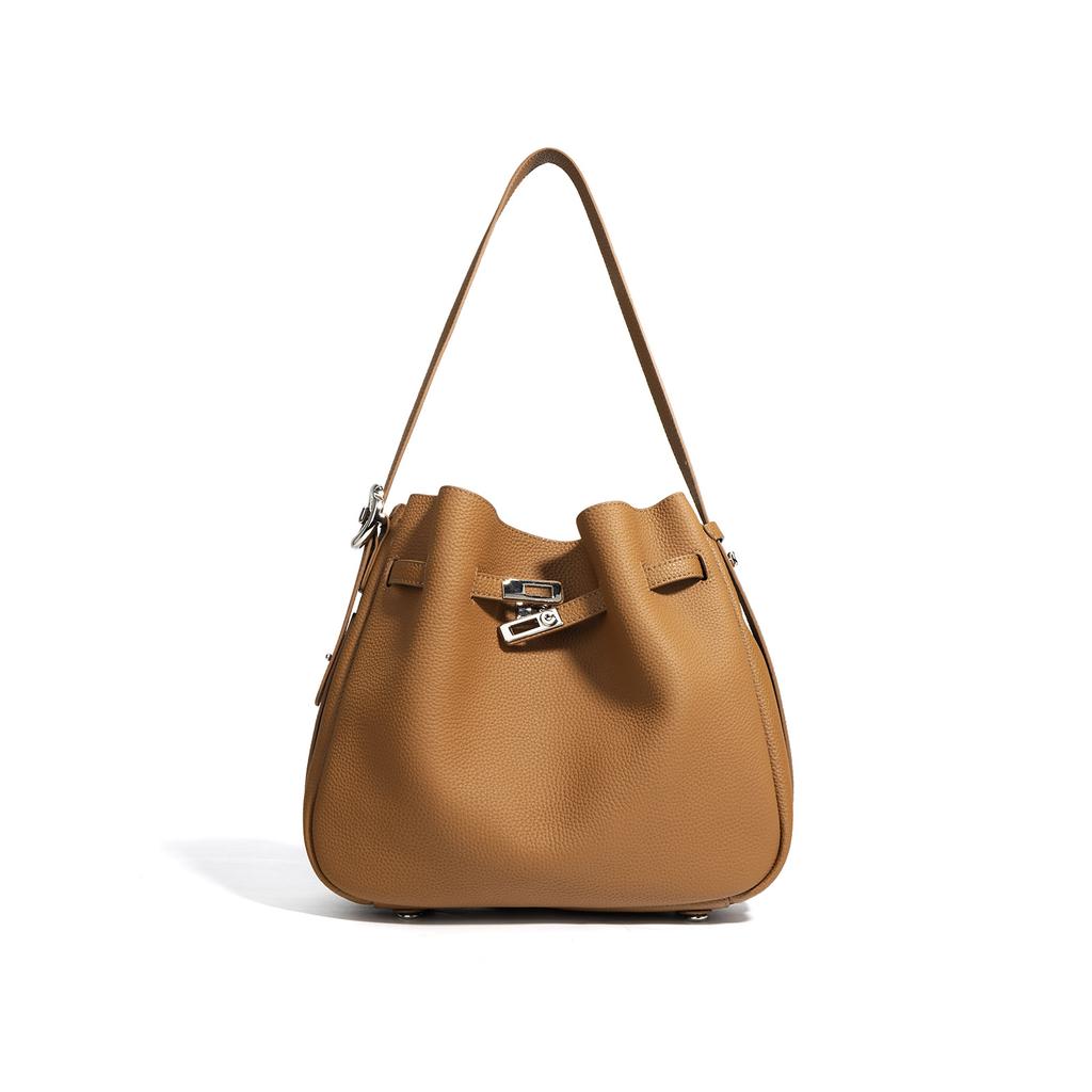 Versatile foreign style premium cowhide bucket bag bag large capacity women's niche feeling leather casual messenger bag shoulder bag