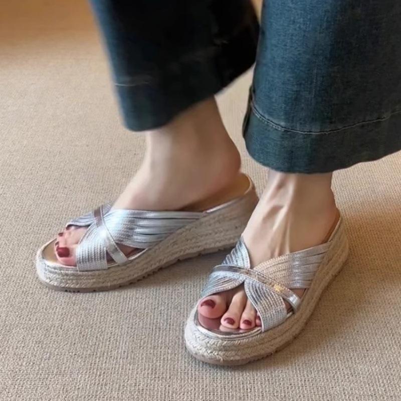 Suding Home~ 6cm Thick-soled One-word Slippers for Women's Summer Wear 2025 New Casual One-pedal Leaking Toe Cool Slippers