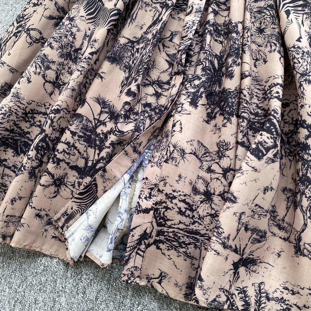 Dámské vintage midi košilové šaty s klopovým límcem, letní přehlídkové plisované šaty s krátkým rukávem, retro potisk džungle, pásek, dámské midi šaty