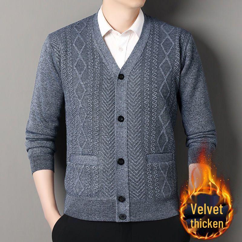 Men's V-Neck Thick Fleece Cardigan: Warm Knitwear for Dad and Grandpa
