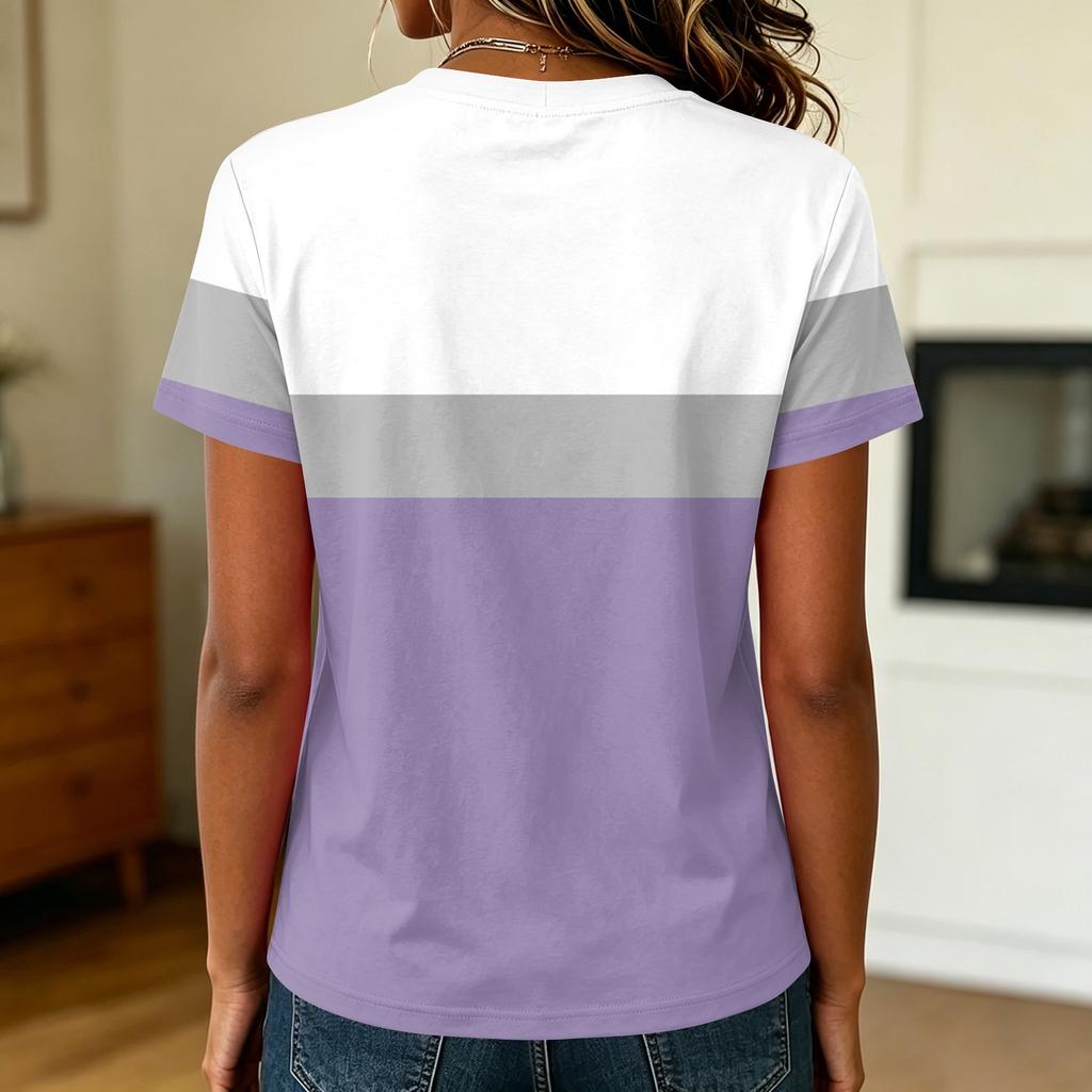 Dames Casual Pullover Korte Mouw T-shirt Kleurblok Bedrukt Top Ronde Hals Lichtgewicht Zachte Stof