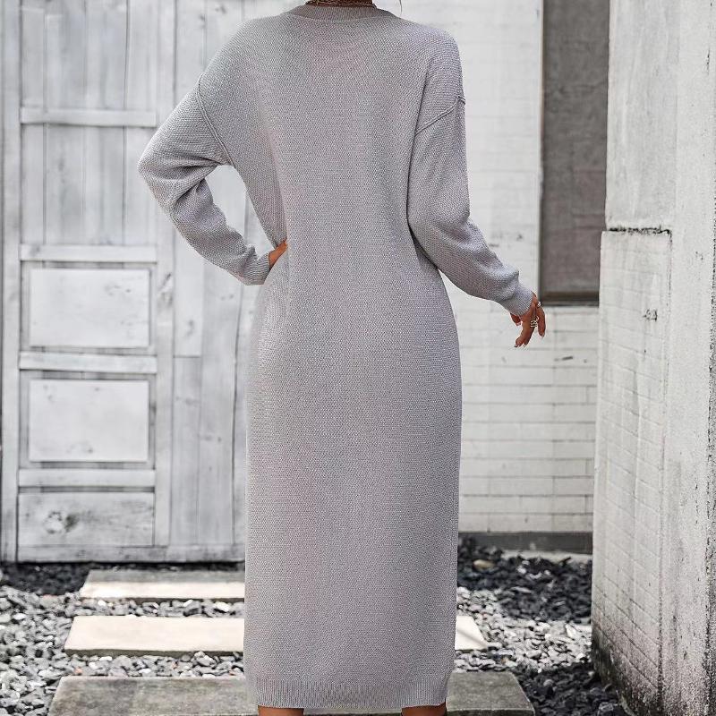 IHUASU Podzimní a zimní knoflíkové pletené šaty Módní Temperament Commuter Dámský svetr