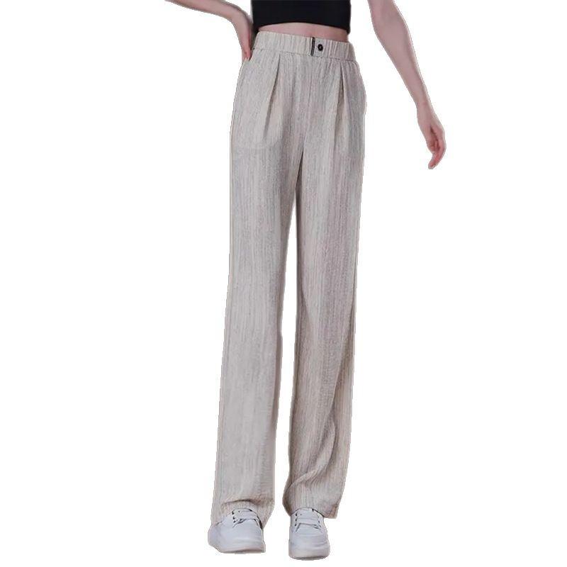 Summer Ice Silk Straight Leg Pants For Women With High Waist And Pocket Detailing