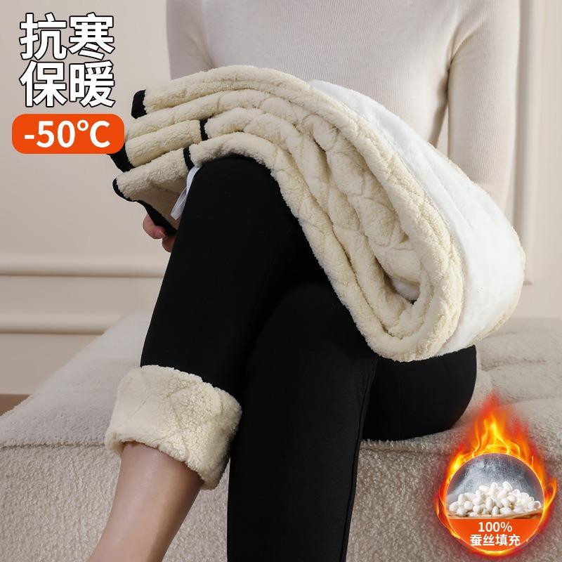 Extra thick lamb wool knee pads thermal pants women's outer wear fleece thickened leggings extra thick silk cotton pants
