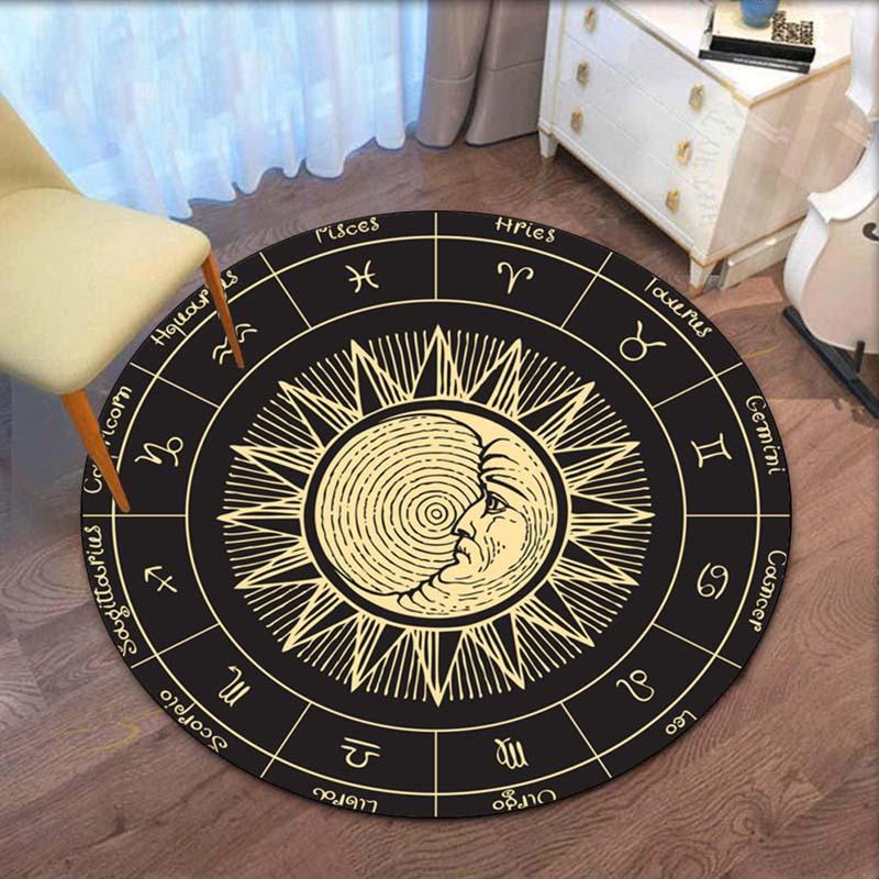 1pc Polyester Constellation Round Rug - Sun Moon Zodiac Printed Non-Slip Mat for Patio, Garden, Bedroom, Living Room