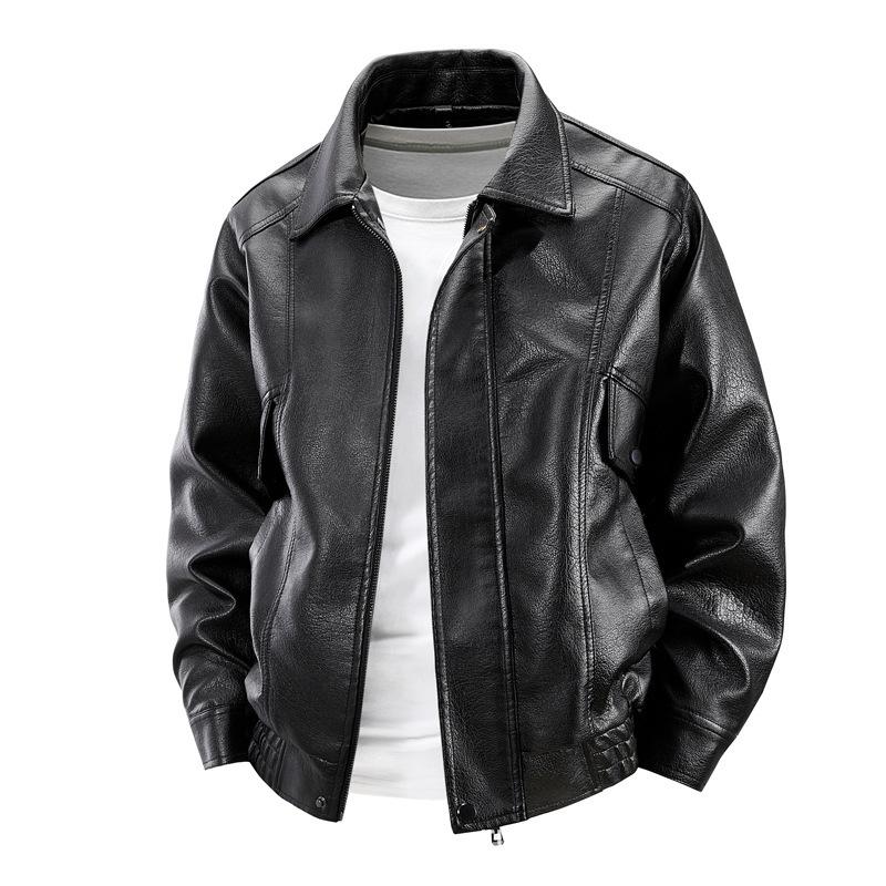 Men's leather jacket Spring and autumn Hong Kong style American retro lapel large size locomotive leather jacket Men's casual coat