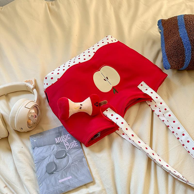 Cute Canvas Bag Women 2025 New Retro Polka Dot Apple Shoulder Bag Casual Large Capacity Portable Tote Bag Tide