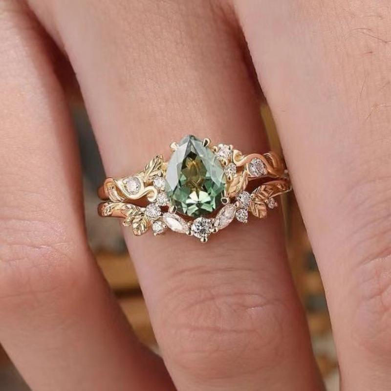 European and American new  flower shape green zircon inlaid luxury personality versatile women's ring