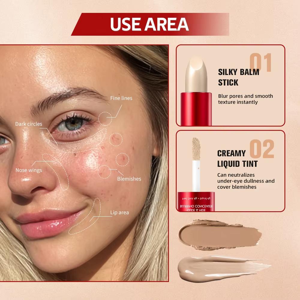 Corretor Blur 2 em 1 Desliza e Esconde Base de Cobertura Total de Longa Duração Maquiagem Líquida à Prova d'Água Feminina para Todos os Tipos de Pele