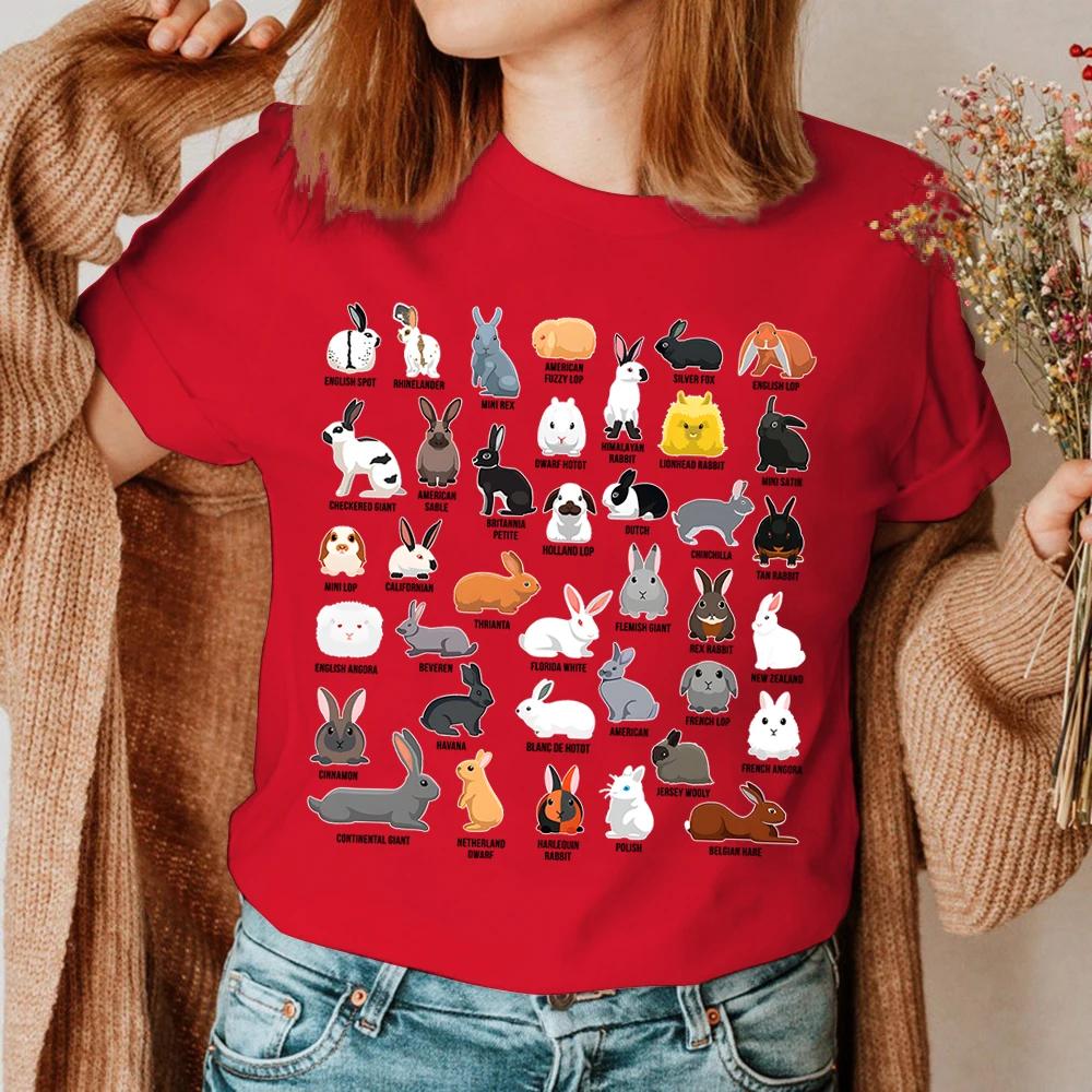 Kawaii Kaninchen Sommer Damen T-Shirt Arten von Kaninchen Aufdruck Oberteile Kurzärmelig Lässig Damen T-Shirts Rundhals Persönlichkeit Kleidung
