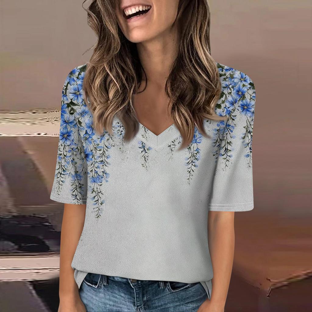 Women's Fashionable Casual Short-sleeved Five-quarter Sleeve Floral Print V-neck Top