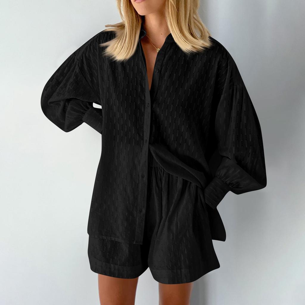 Casual Fashion Color Women's Shirts Puff Sleeves Elegant Tops Shorts Casual Suit