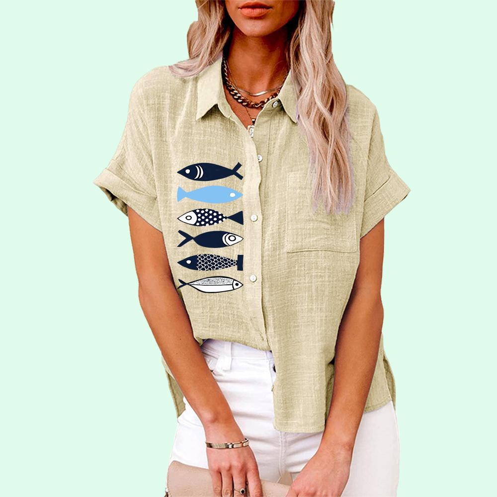 Plus Size Women Fashion Print Blouse Loose Buttoned Short Sleeve Shirt Ladies Casual Linen T-shirt Ladies