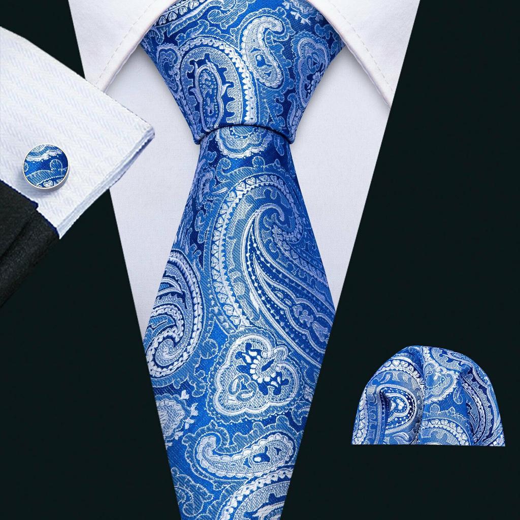 Barry Wang Formal Mens Paisley Silk Tie Set Mens Necktie Pocket Square Cufflinks Wedding