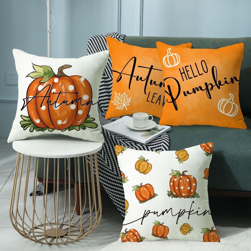 New Thanksgiving Pillow Cover Autumn Pumpkin Maple Leaf Orange Linen Pillow Home Sofa Pillow