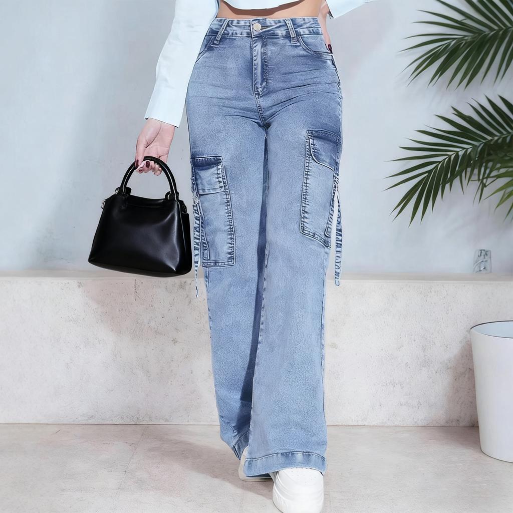 Jeans Donna Elasticizzati Moderatamente Moda Gamba Dritta Pantaloni in Denim Con Tasche