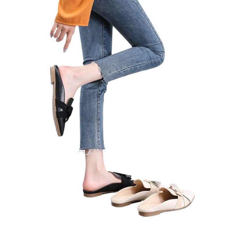Baotou Half Tray Single Shoes Women's 2025 Autumn Models Flat Bottom Versatile Fashion Soft Leather Bow Square Head Internet Celebrity Lazy