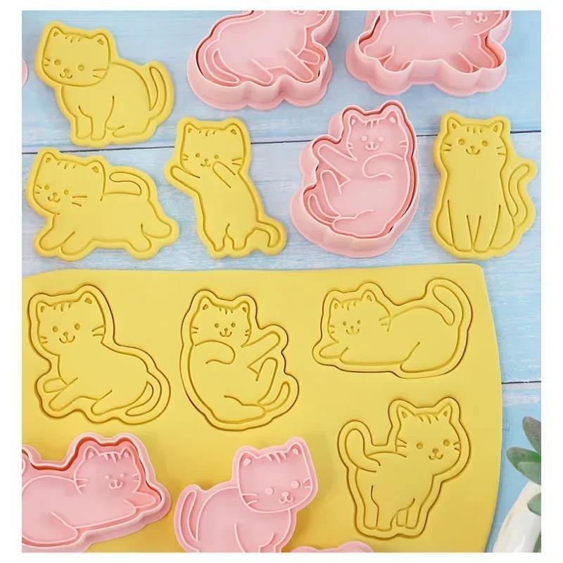 8Pcs Cat Cookie Mold Set Cartoon Cat Shape Cookie Stamp Fondant Cake Decoration Tools 3D Hand Pressure Plastic Biscuit Mold