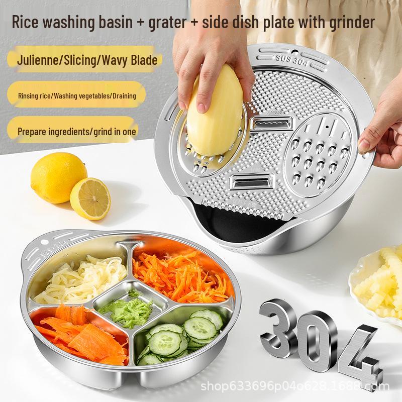 304 Food Grade Stainless Steel Multi-Purpose Basin for Rice, Vegetables & Fruits with Punching Sieve and Slanted Bottom