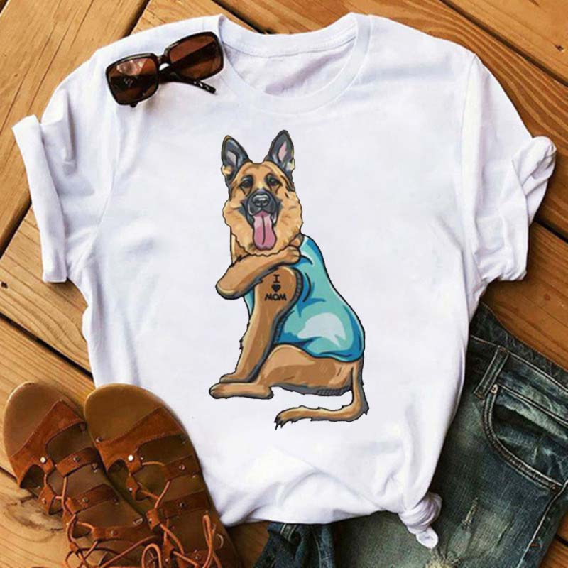 I Love Mom Print Damen T-Shirt Lustige Hundedruck Tops Harajuku Hunde-T-Shirt Sommer Kurzarm Graphic Tee Damen Kleidung