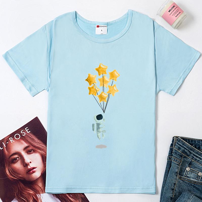 Creative Astronaut Pulling Star Balloon Print Women T Shirt Cute Plus Size Summer Short Sleeve T-Shirt Ladies Tshirt Tops