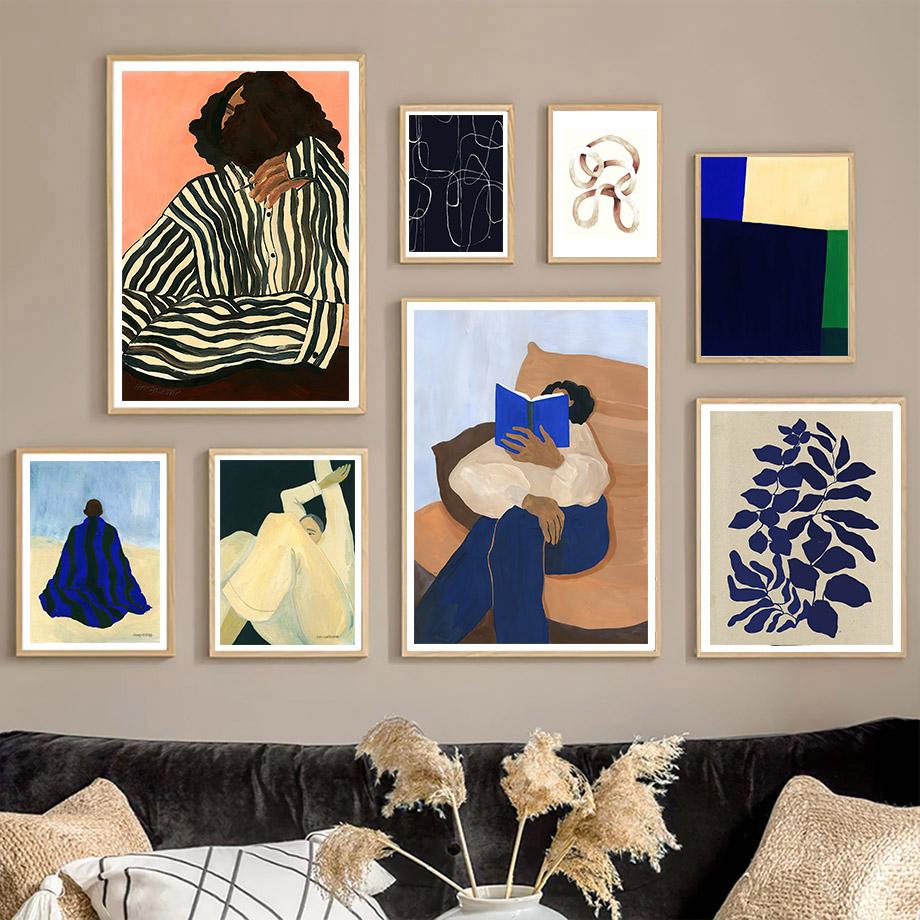 Blue Striped Girl Book Leaves Wall Art Canvas Painting Abstract Posters And Prints Hotel Bar Wall Pictures For Living Room Decor
