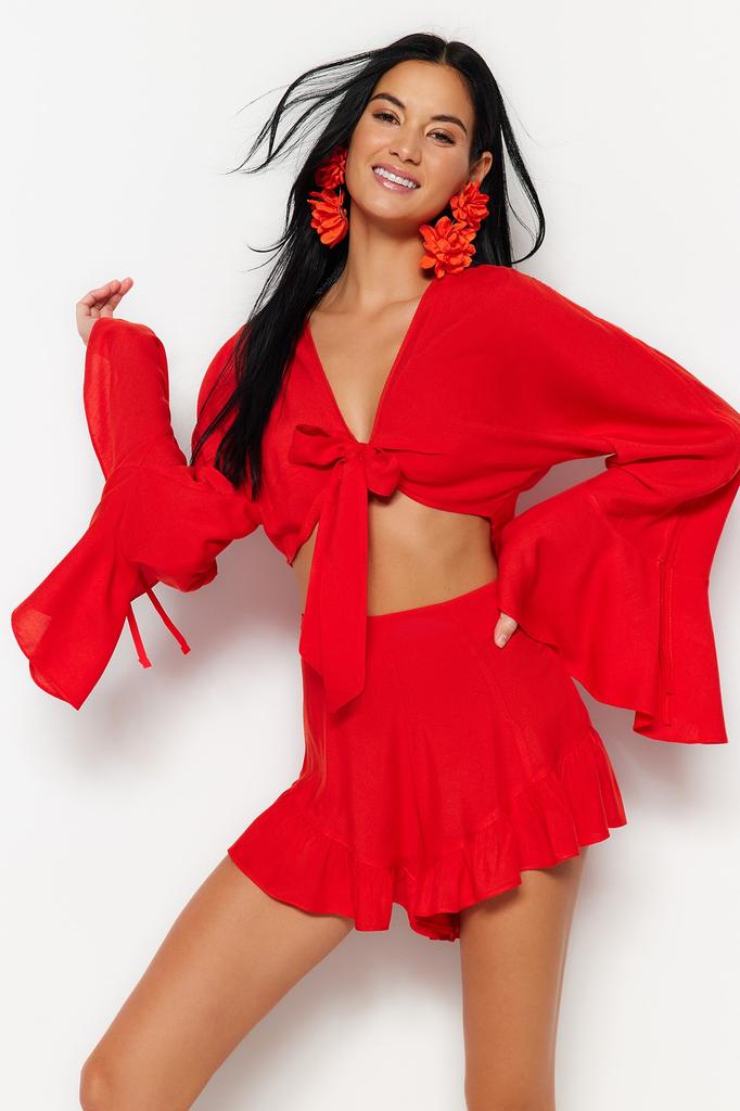 Damenmode Neues Oberteil-Unterteil-Set Schwarz Gewebte Rüschenbluse Shorts Set