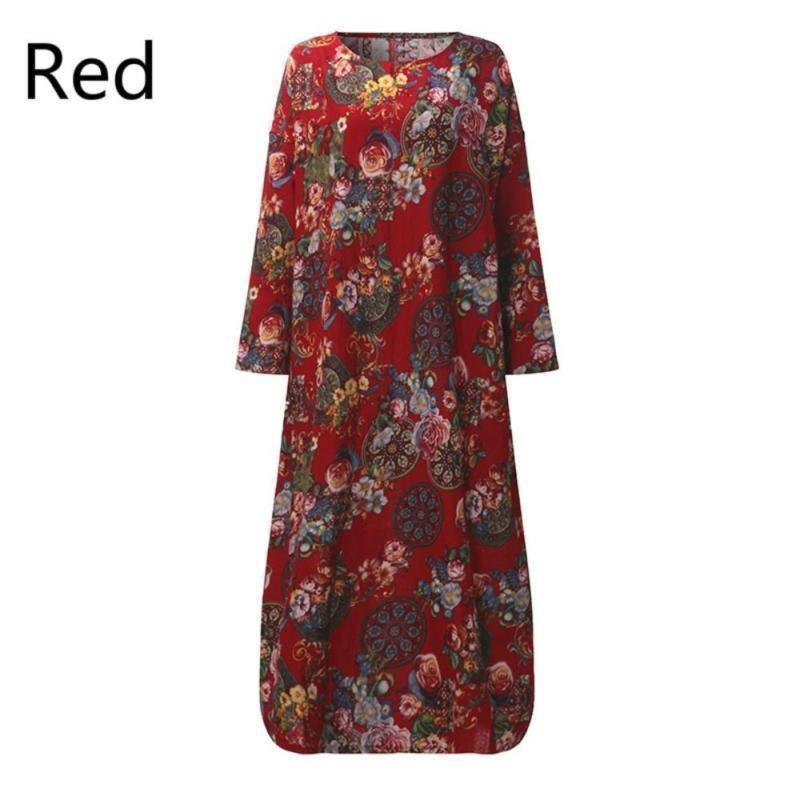 Women Vintage Casual Floral Printed Loose Dress Kaftan Long Maxi Shirt With Timeless Design