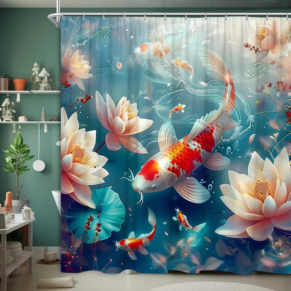 Asian Scenery Shower Curtain Koi Cherry Blossom Vintage Bird Lotus Mountain Ink Painting Polyester Fabric Bathroom Decor Curtain