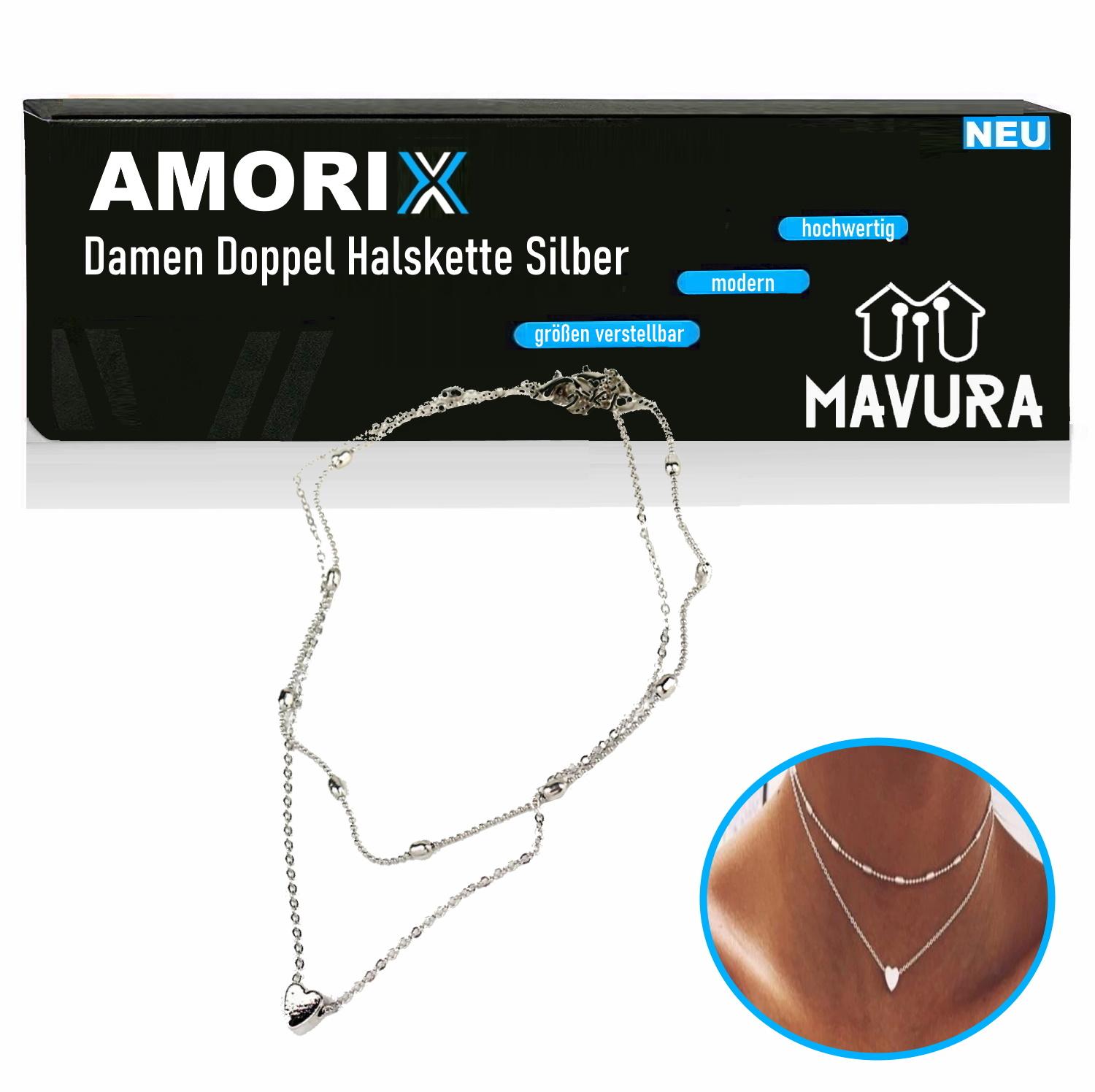 

AMORIX Damen Doppel Kette Halskette silber Herz Set Blogger kurz Valentinstag