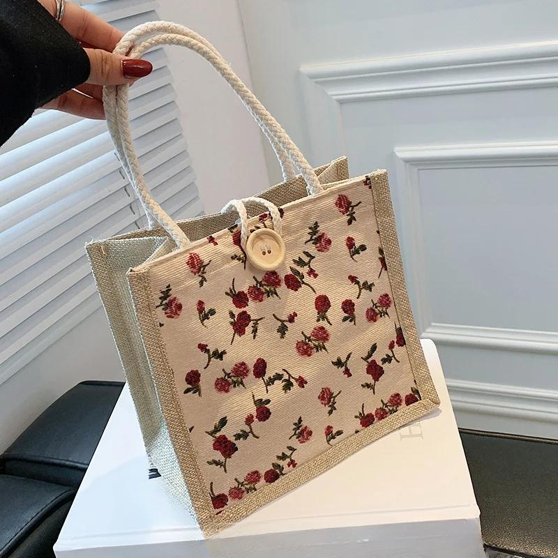 Fashion Retro Flower Pattern Linen Handbag Women'S Shopper Tote Travel Grocery Storage Bag Gift Packing Bag 1pcs