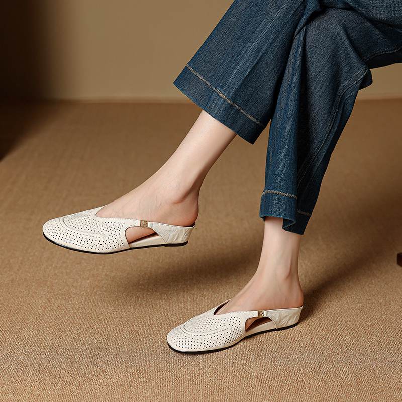 Krazing Pot SheepSkin Mules Round Toe Size 42 Low Heels Slip on Light Shoes Increased Hollow Style Pumps