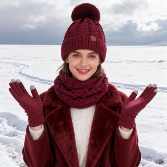 3Pcs/Set Women Winter Hat Scarf Gloves Set Twist Texture Plush Ball Decor Brimless Hat Scarf Touchscreen Glove Set