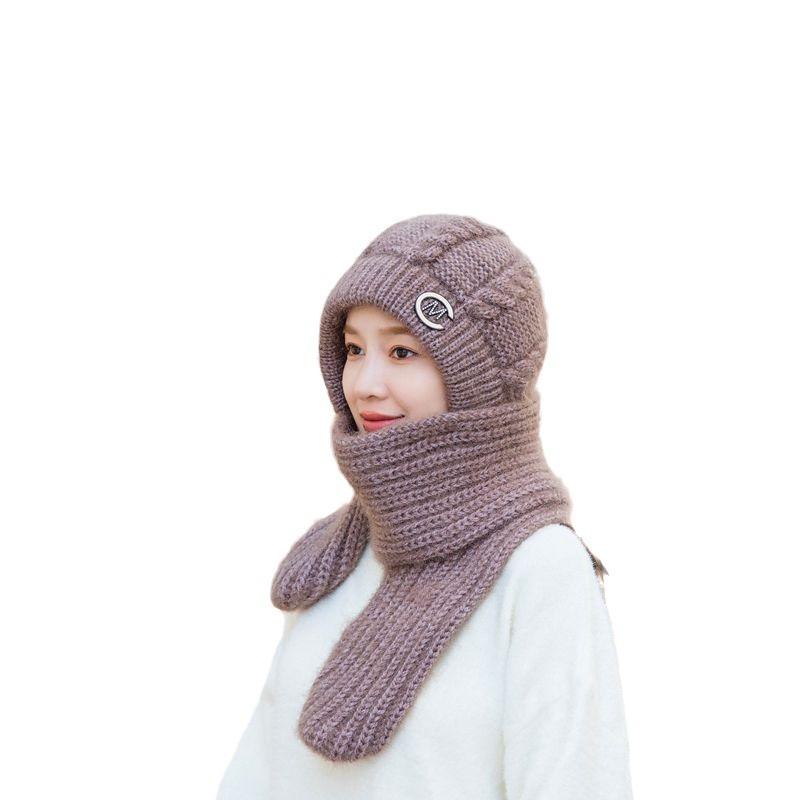 Winter Women's Wool Hat Skiing Hat Scarf Integrated Hand-woven Thickened Without Lining Thermal Ear Protection