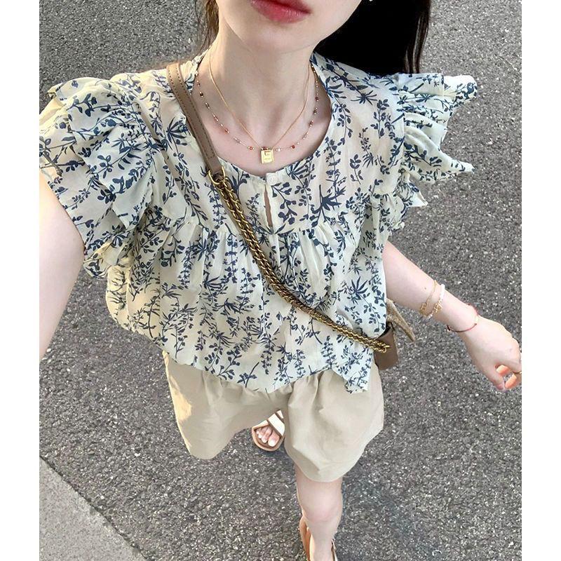 

Women s Age-reducing Floral Small Flying Sleeve Chic Top New Style Loose Shirt S синий